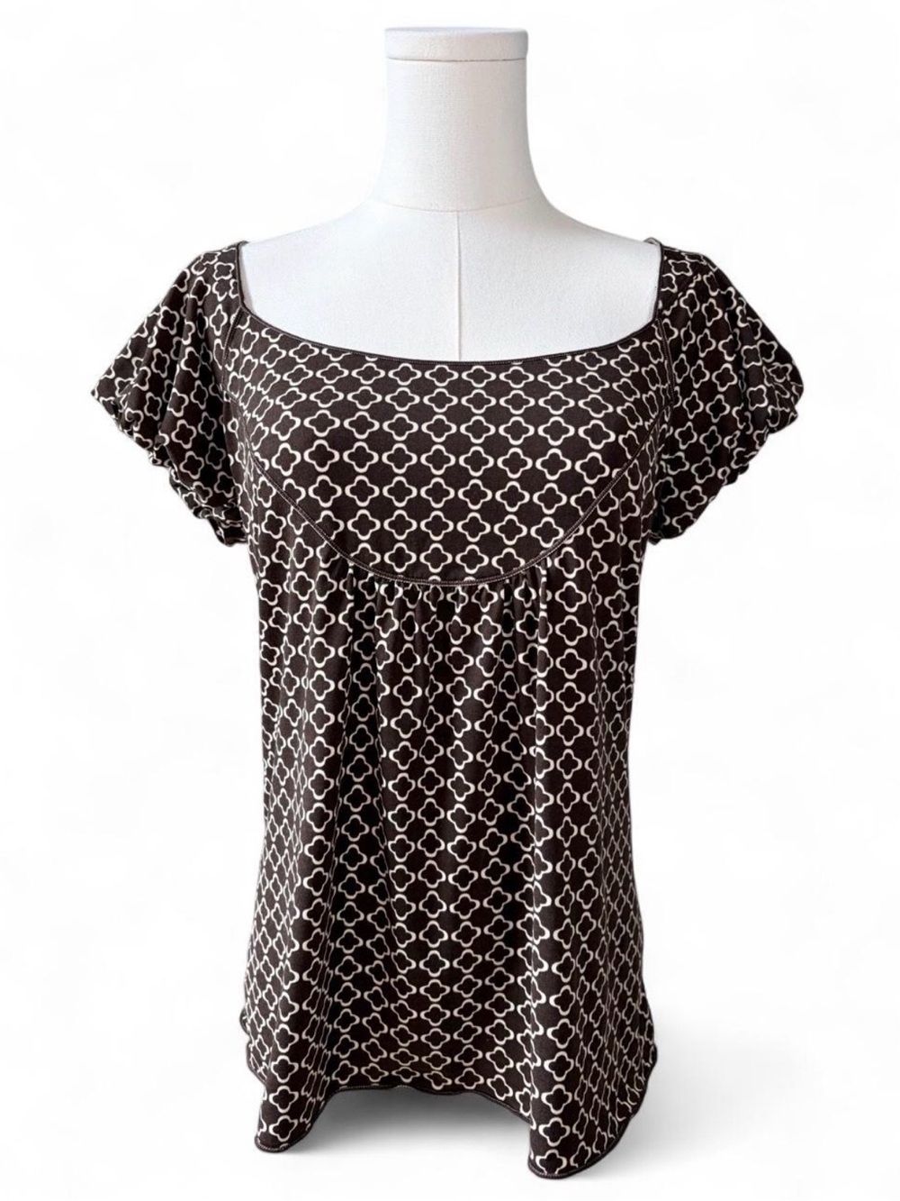 Max Studio Y2K Brown Geometric Patterned Bubble Sleeve Top Early 2000s